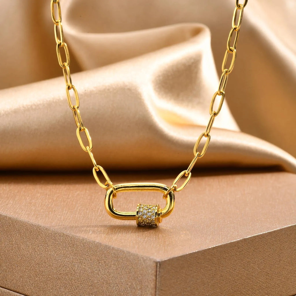 Stainless steel small square chain zircon oval pendant necklace for women in gold colour