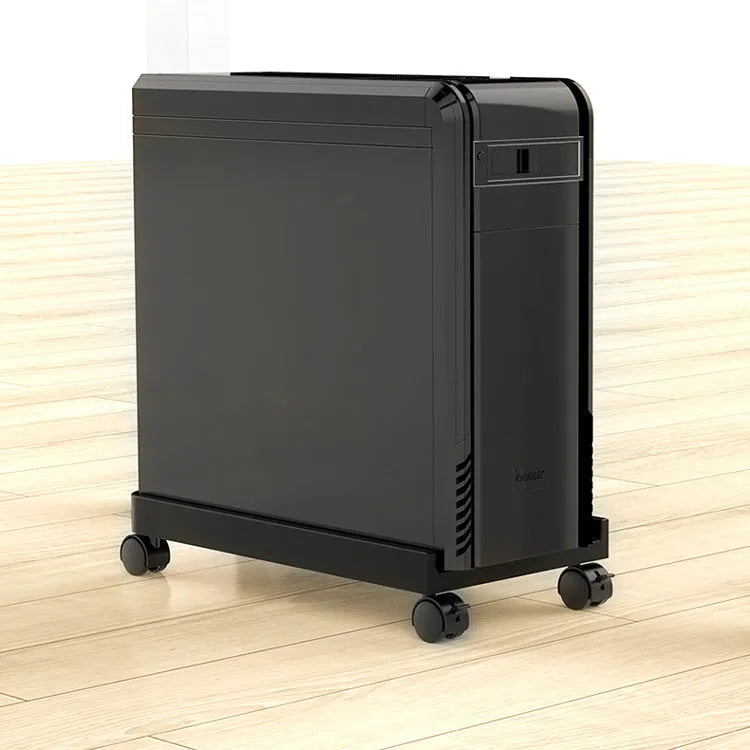 Orico black CPU floor stand with wheels holding a desktop tower vertically on a hard floor