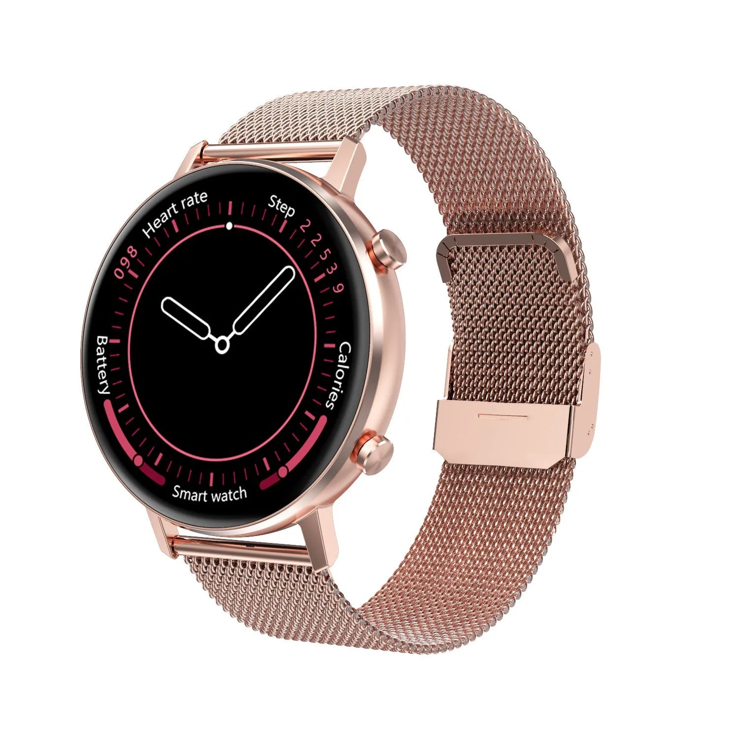 DT96 smart bracelet with stainless steel strap and 1.3 inch rectangular screen showing black, rose gold, and silver colour options