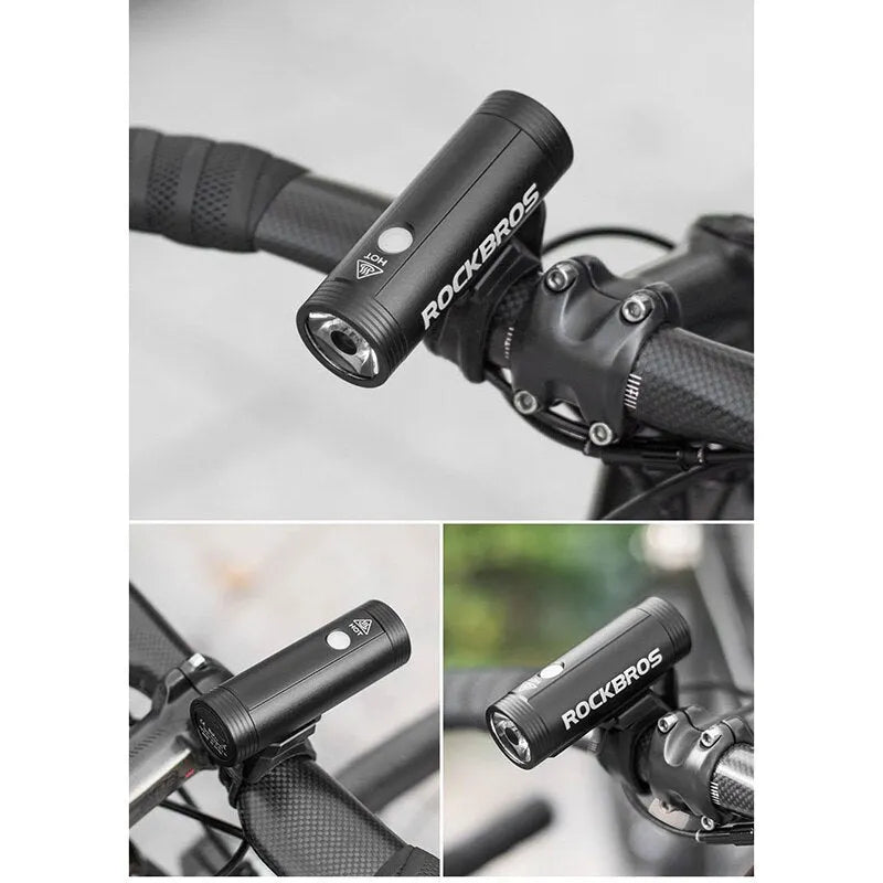 ROCKBROS R1 black aluminium alloy bicycle headlight with 400 or 800 lumen output and IPX6 waterproof rating