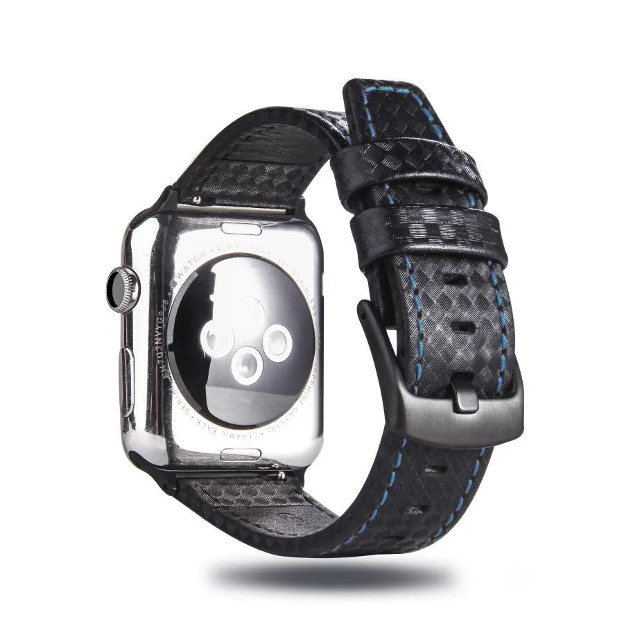 Carbon fibre pattern leather iPhone watch strap and matching hard shell case in four colour options