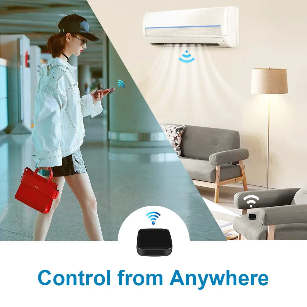 Black universal infrared remote control with voice control and WiFi connectivity features