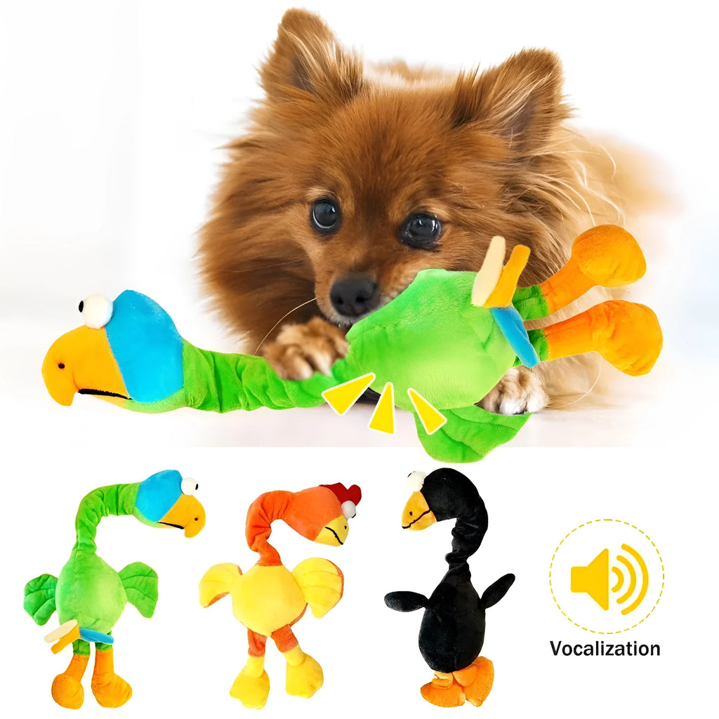 Screaming chicken sound dog chew toy in bite-resistant rubber, available in three colours.