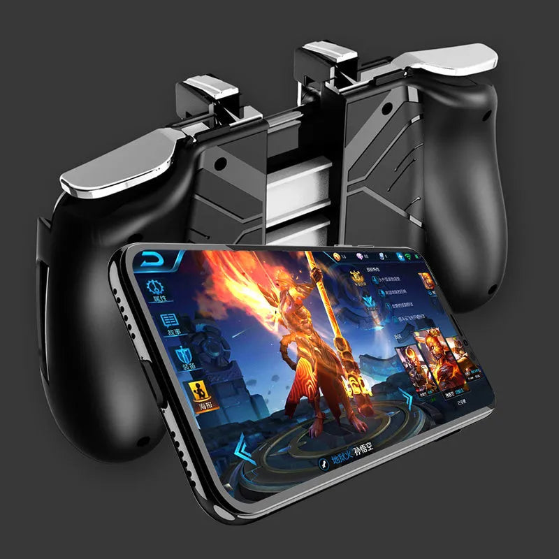 Telescopic mobile game handle extended to show smartphone compatibility with detachable grip component