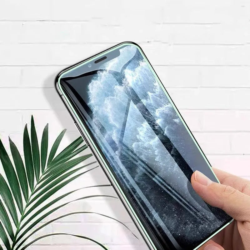 Luminous tempered glass screen protector for iPhone glowing in dark with full cover edge protection