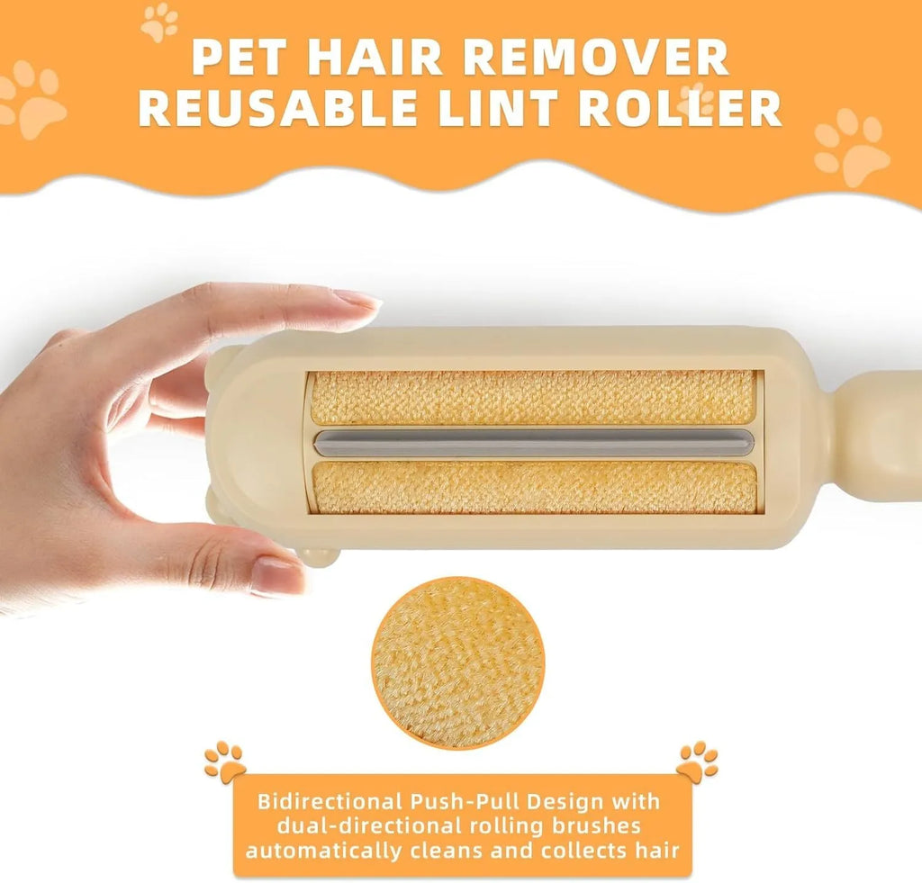 Blue reusable pet hair remover roller with self-cleaning base on a carpet.