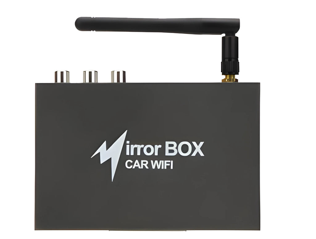 Black Car Mirror Link Box Wi-Fi converter with power cable, AV cable, antenna, and user manual.