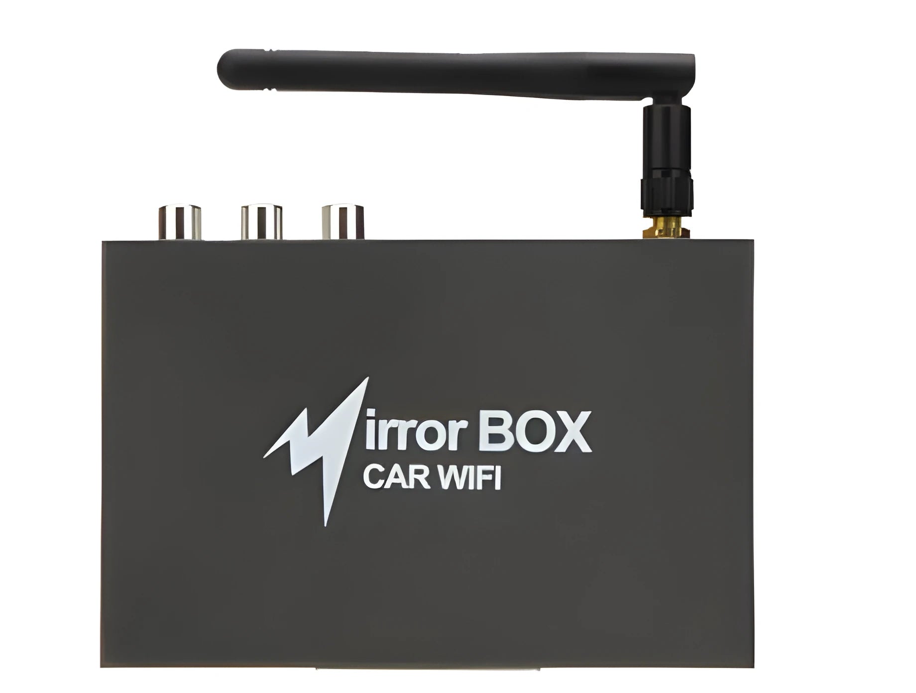 Black Car Mirror Link Box Wi-Fi converter with power cable, AV cable, antenna, and user manual.