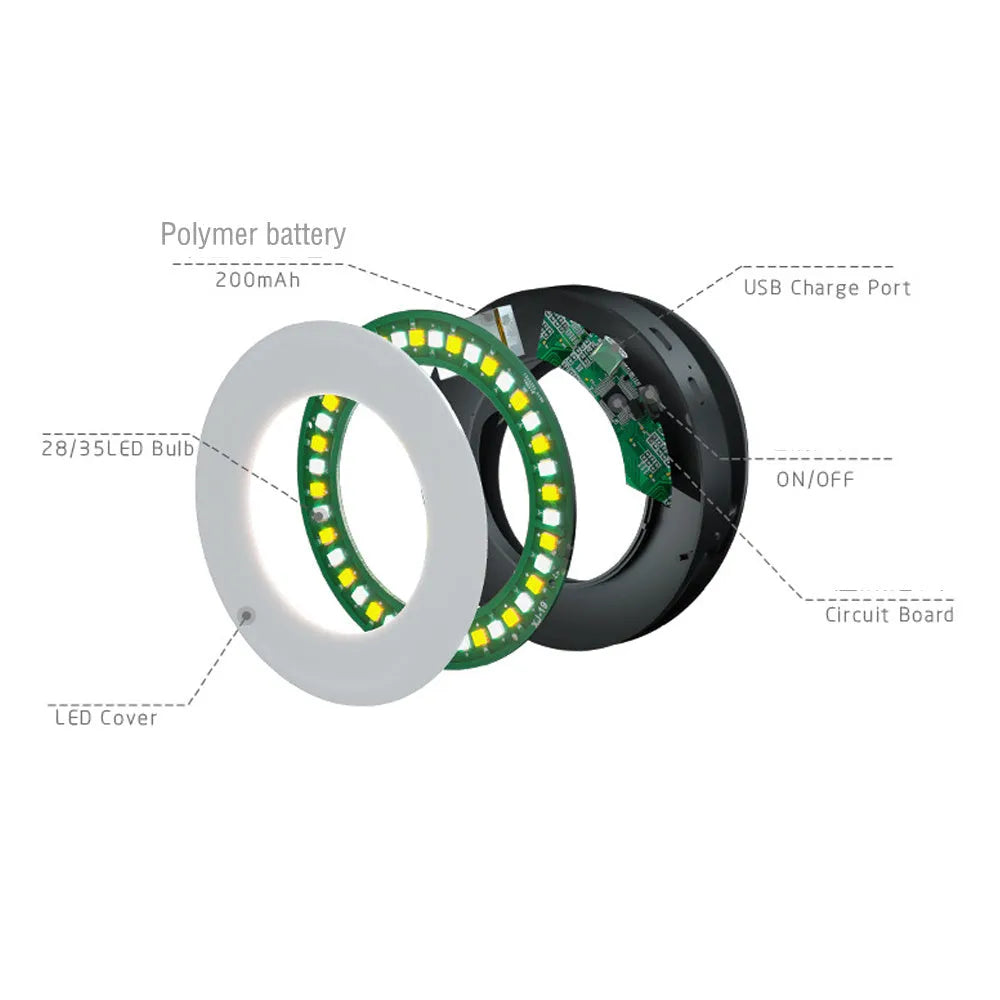 Black USB-rechargeable LED selfie ring light for mobile phone photography on a table.