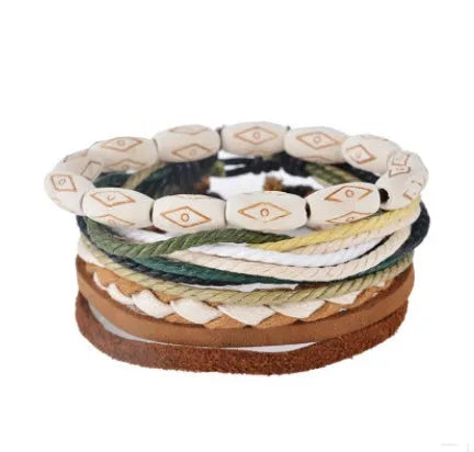 Handmade adjustable leather bracelet with wooden beads and multi-layer wrap design