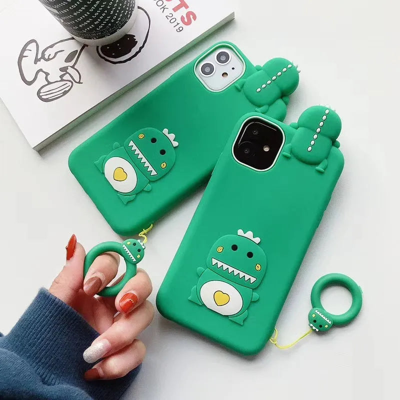 Green silicone iPhone case with animal cartoon design showing back view