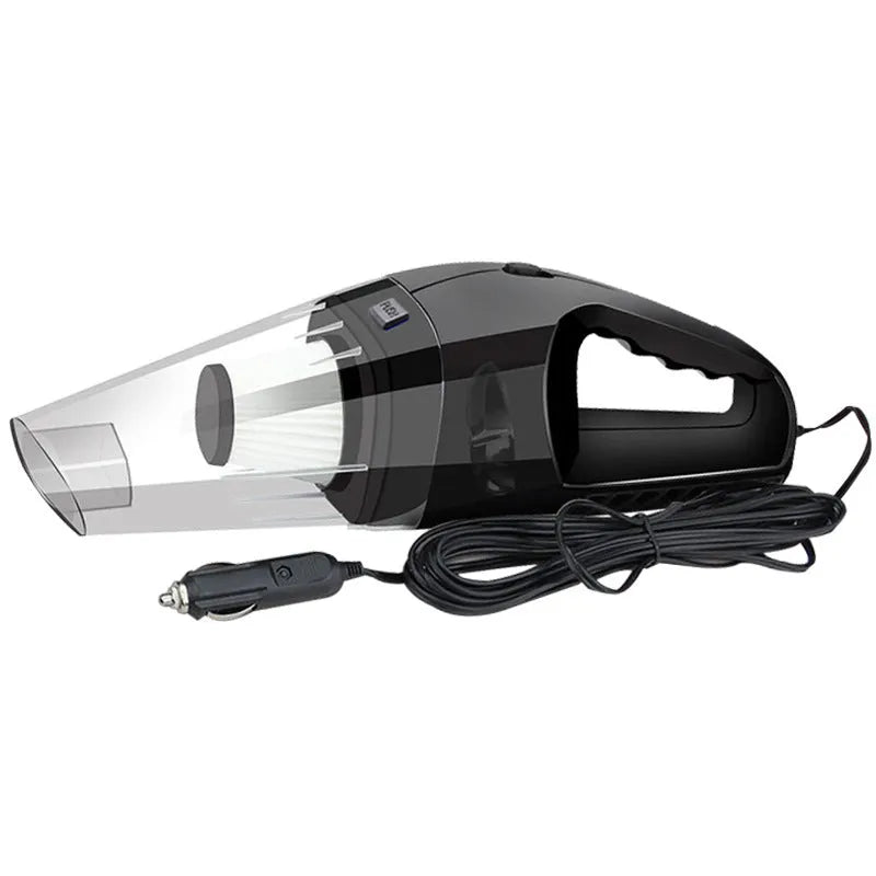 Orange handheld car vacuum cleaner with nozzle attached, next to its 12V cigarette lighter plug and additional accessories.