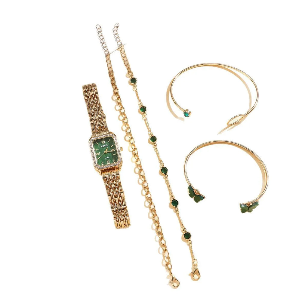 Gold green square ladies watch with four matching alloy bracelets in jewellery gift set