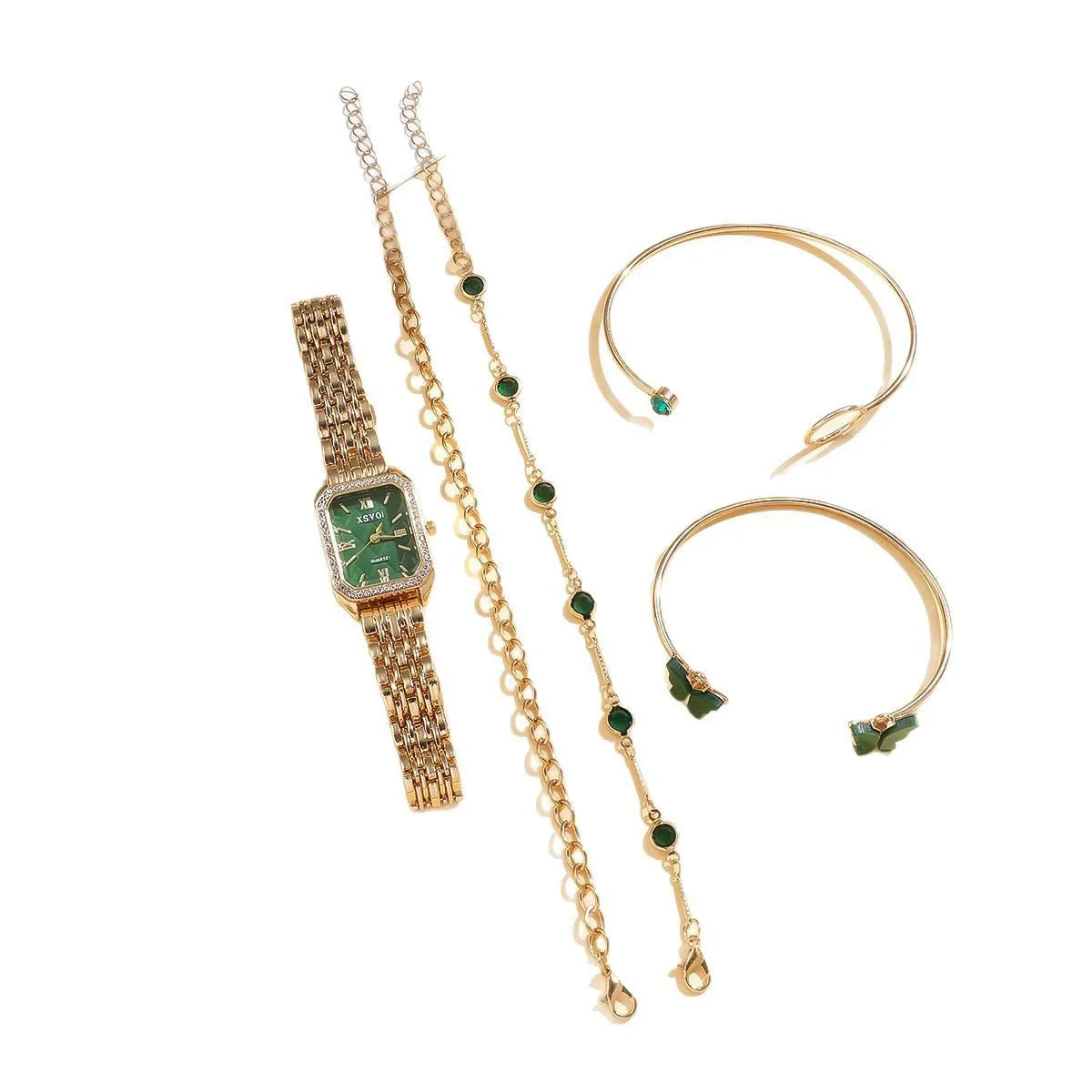 Gold green square ladies watch with four matching alloy bracelets in jewellery gift set