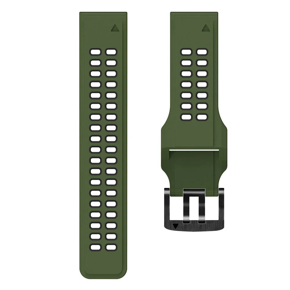 Quick release two-colour silicone watch strap shown in a sporty style with pin buckle