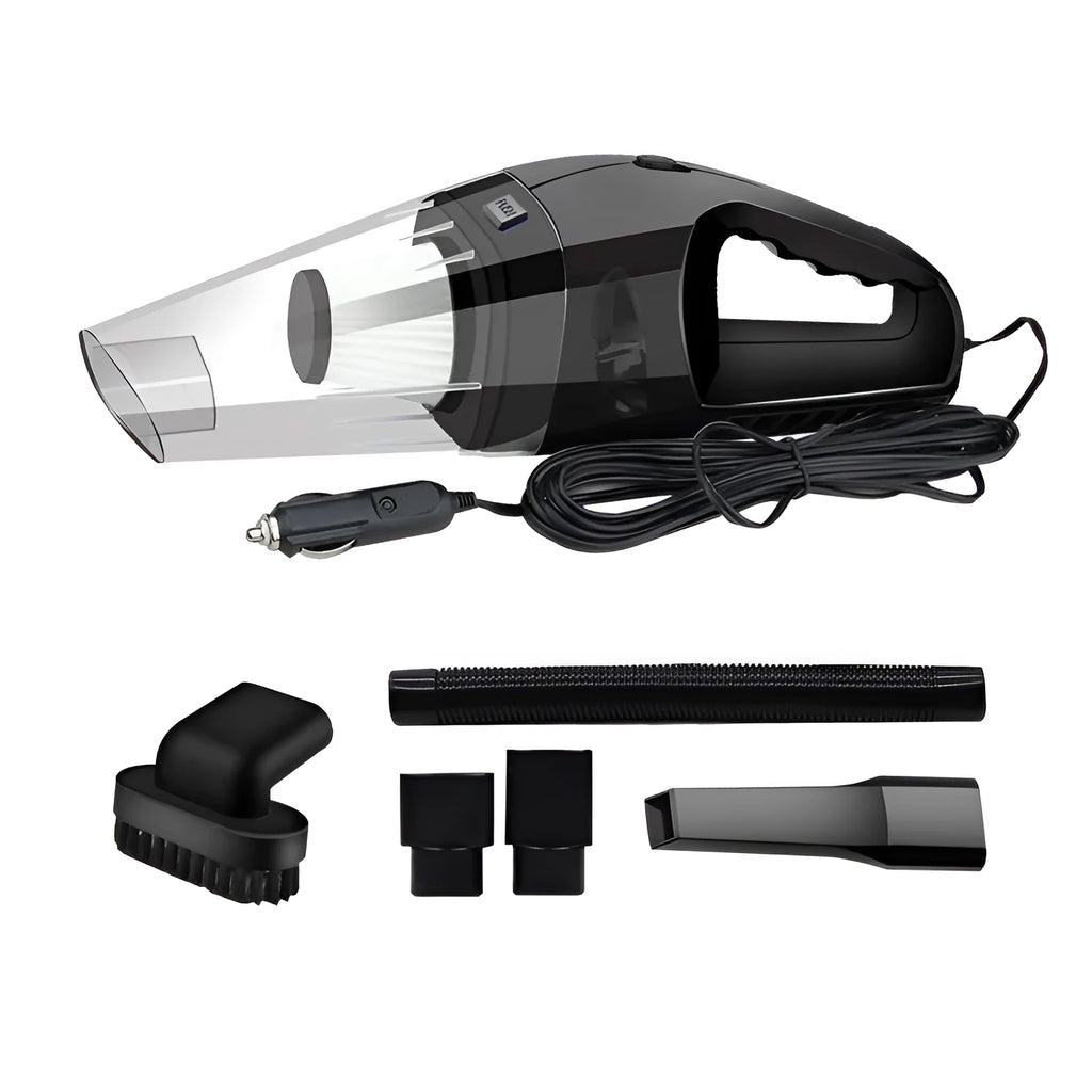 Orange handheld car vacuum cleaner with nozzle attached, next to its 12V cigarette lighter plug and additional accessories.