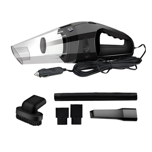 Orange handheld car vacuum cleaner with nozzle attached, next to its 12V cigarette lighter plug and additional accessories.