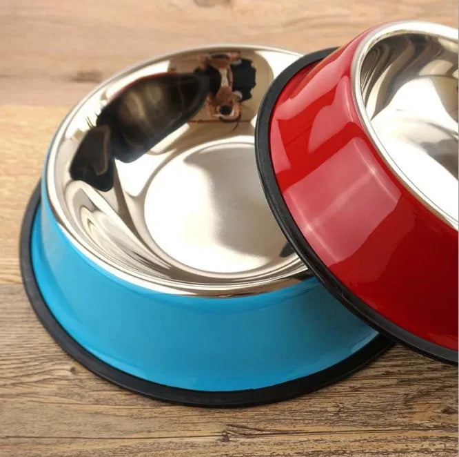 Stainless steel pet bowl with colourful melamine base in non-slip design