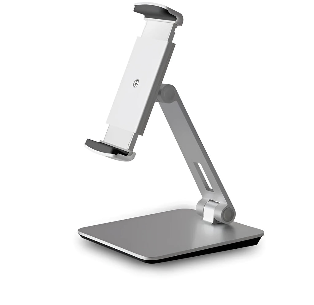 Foldable aluminium desktop phone and tablet holder showing rotation mechanism