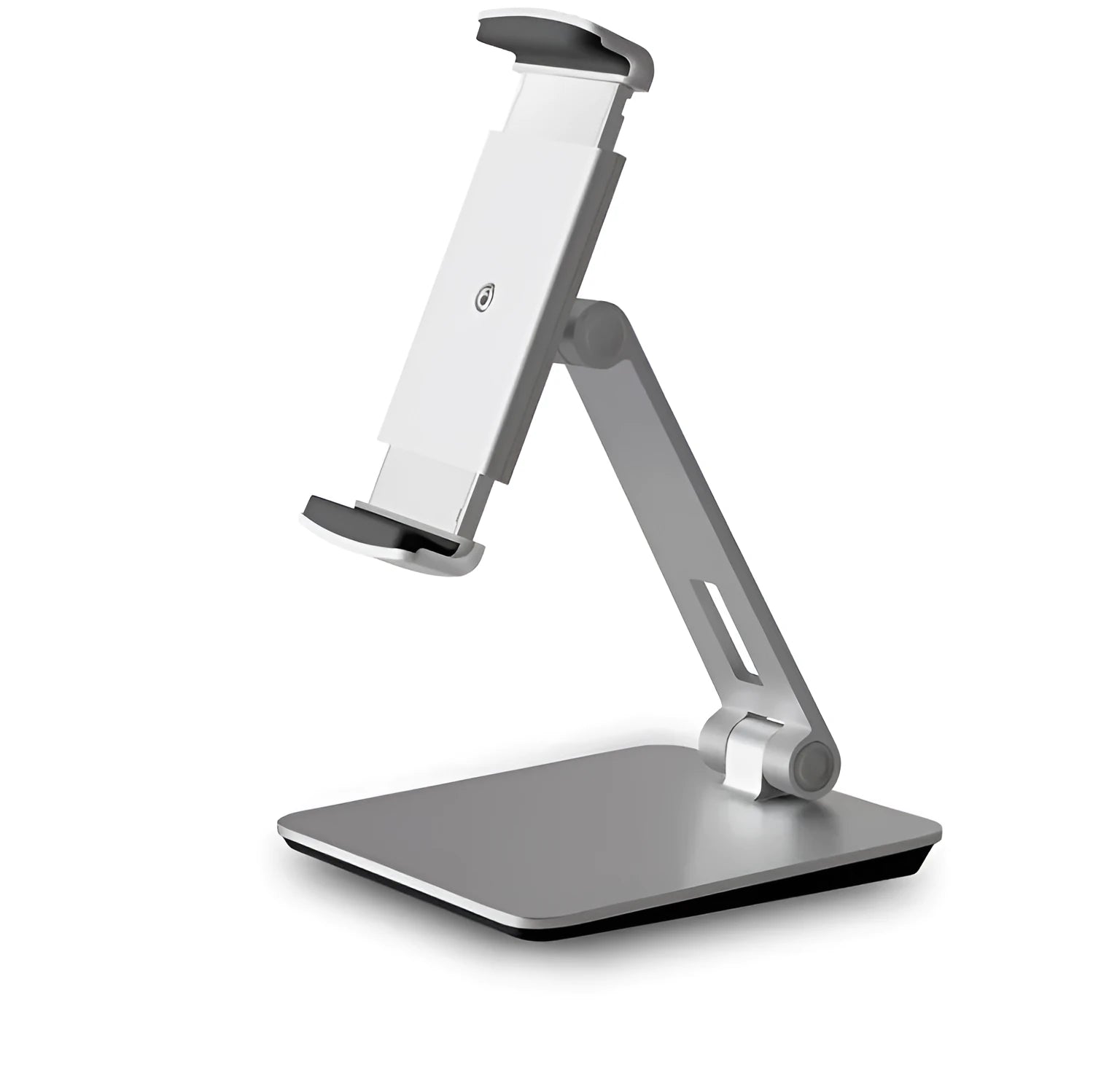 Foldable aluminium desktop phone and tablet holder showing rotation mechanism
