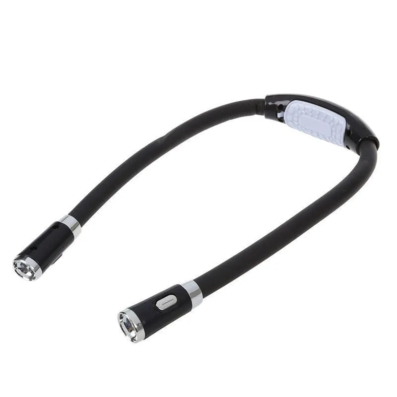 Flexible neck hug book light with LED reading lamp in three colour options: black, blue, green, and red on a table