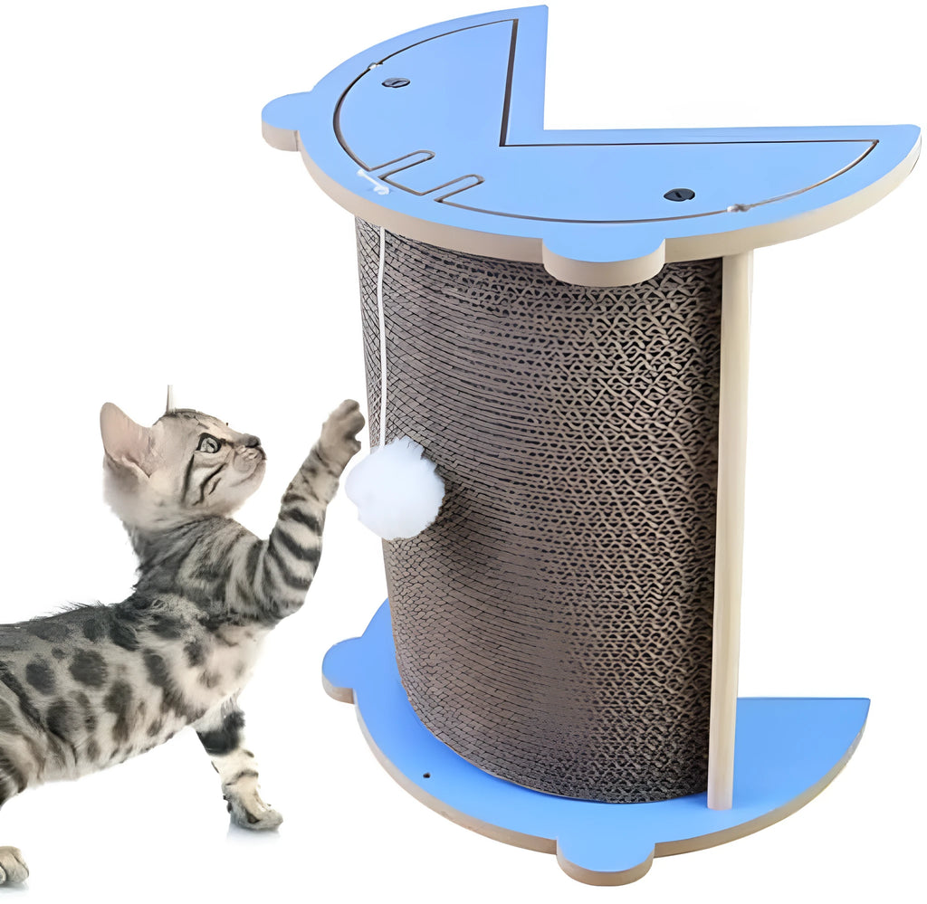 Triangular corner cat scratching pad with hanging ball toy against wall