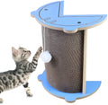 Triangular corner cat scratching pad with hanging ball toy against wall