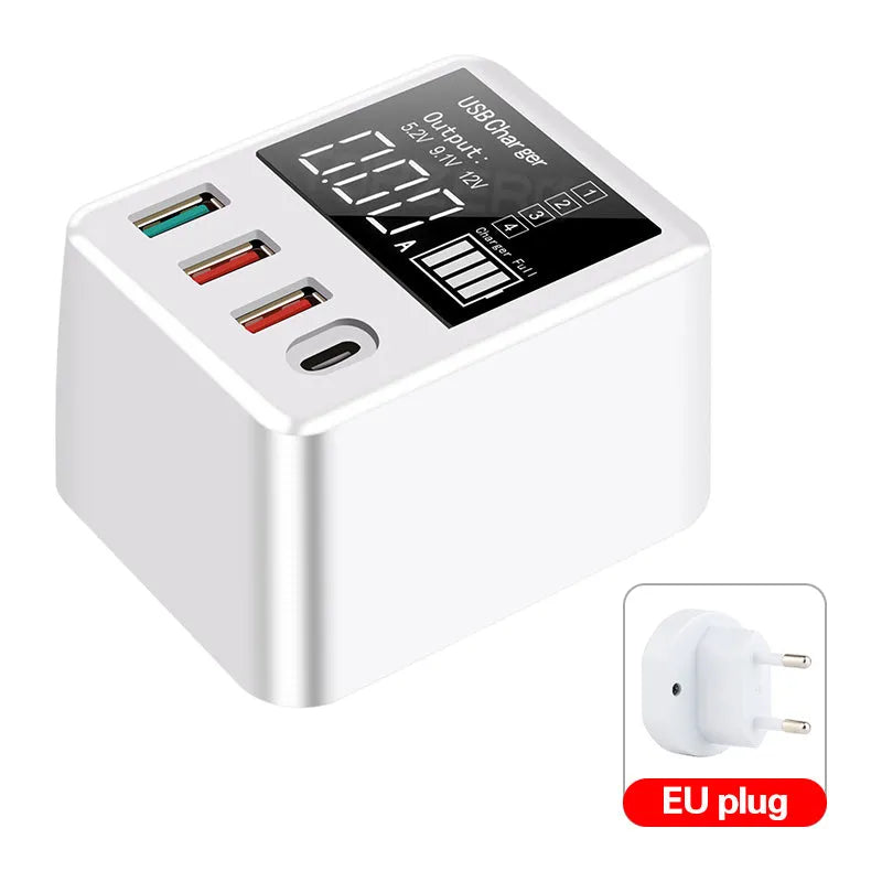 White 4-port USB travel wall charger with LED display, showing UK plug
