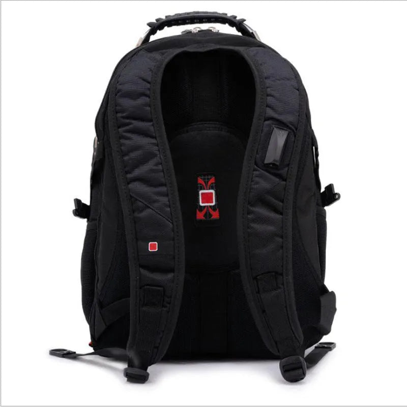 Black business computer backpack open to show three compartments and laptop sleeve.