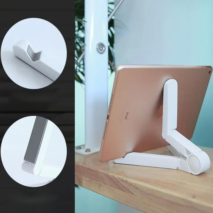 Black foldable aluminium tablet holder showing adjustable stand in open and closed positions on a desk.