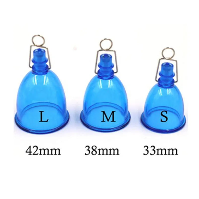 Blue silicone men's physical stretch exerciser cup in small, medium, and large sizes