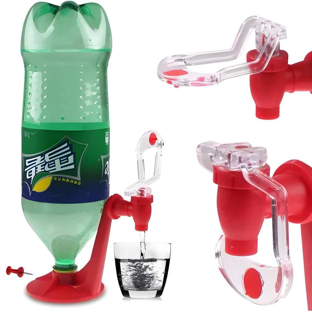 Red plastic Magic Tap soda bottle dispenser attached to a 2-litre bottle