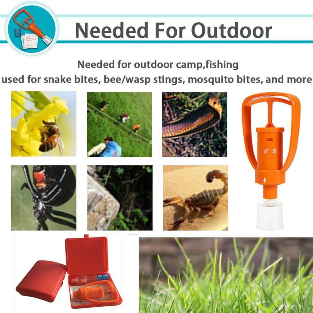 Orange venom extraction suction device with storage box, suction pump, two suction cups, and first aid accessories for outdoor emergencies