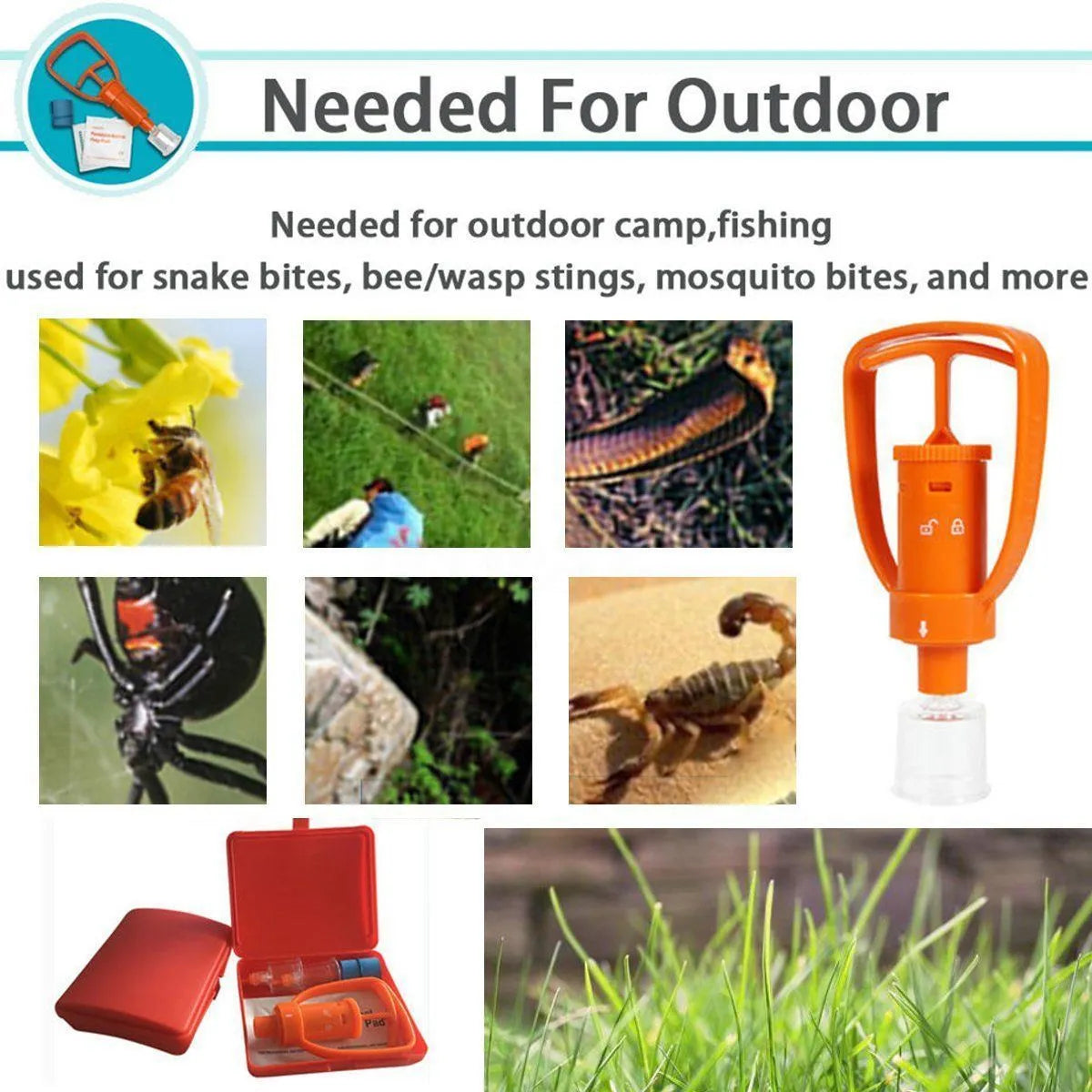 Orange venom extraction suction device with storage box, suction pump, two suction cups, and first aid accessories for outdoor emergencies