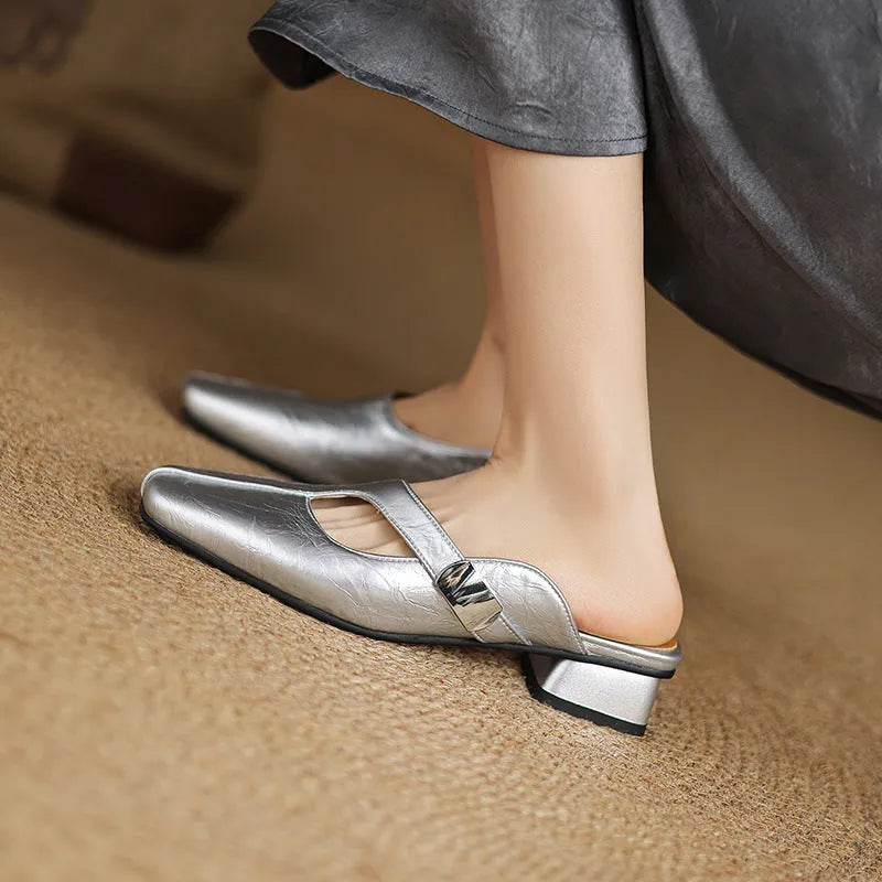 Square toe casual slippers with low heel in artificial PU material available in three colours