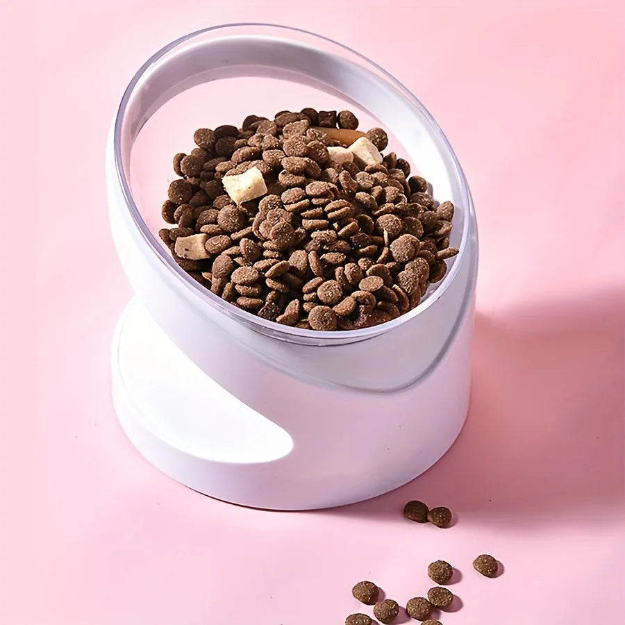 Clear white elevated cat food bowl with ergonomic tilt design for neck support