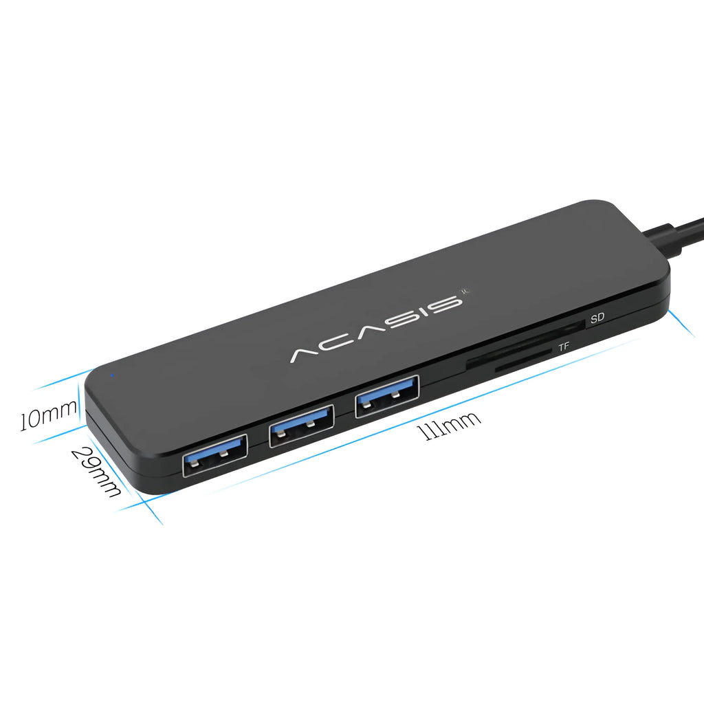 Black USB hub card reader with 5Gbps speed and memory card slot on a desk