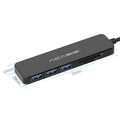 Black USB hub card reader with 5Gbps speed and memory card slot on a desk