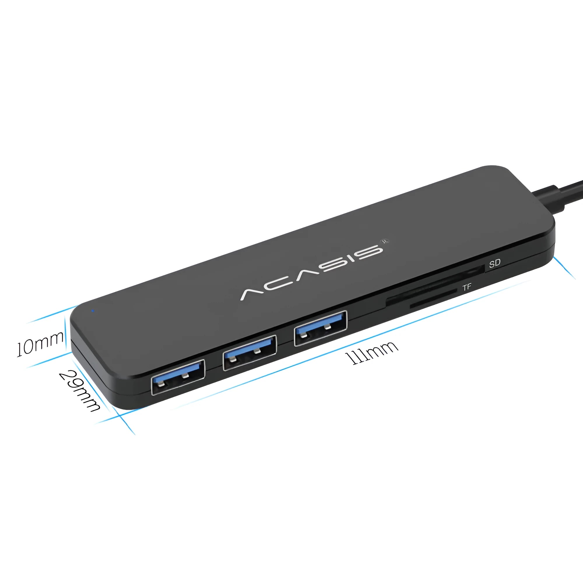 Black USB hub card reader with 5Gbps speed and memory card slot on a desk