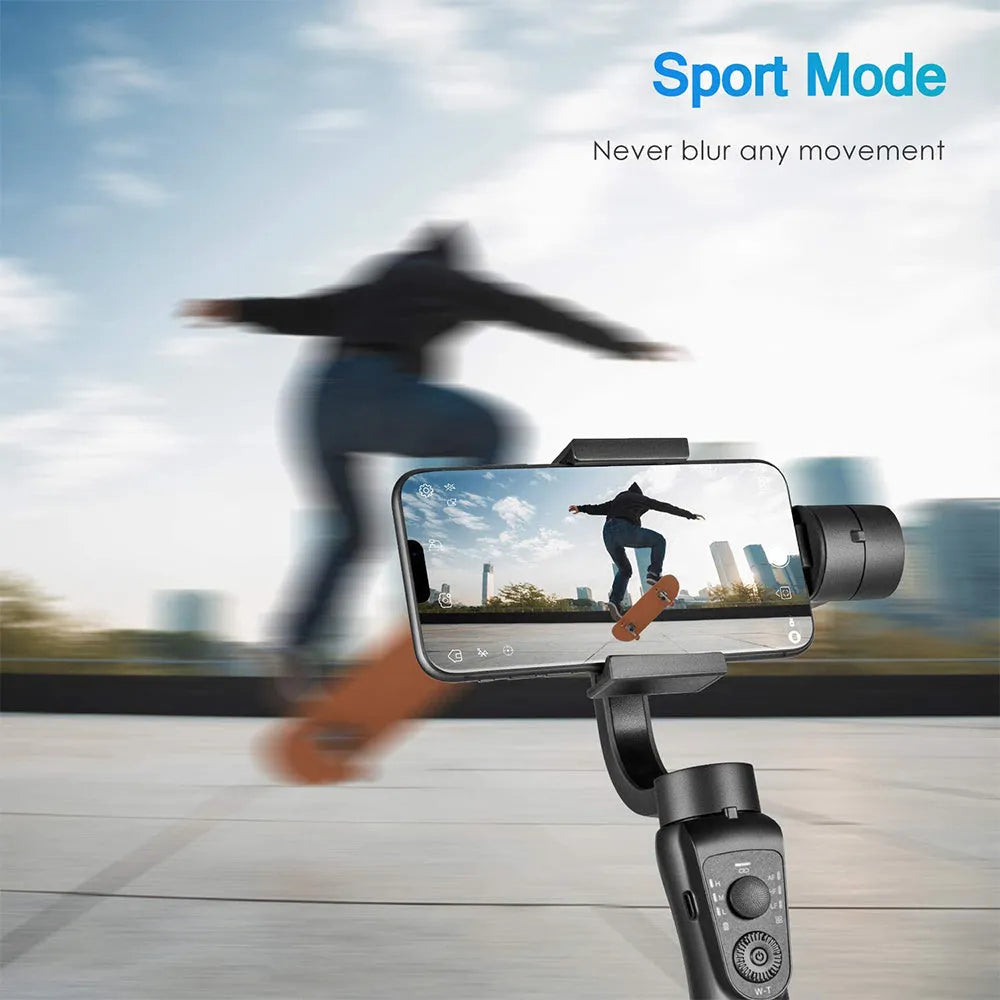 Black three-axis handheld gimbal stabiliser for mobile phones with tripod and protective cases