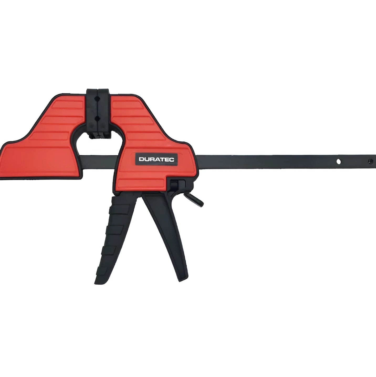 Black plastic woodworking clamp with quick-adjust key and soft rubber protective grip.
