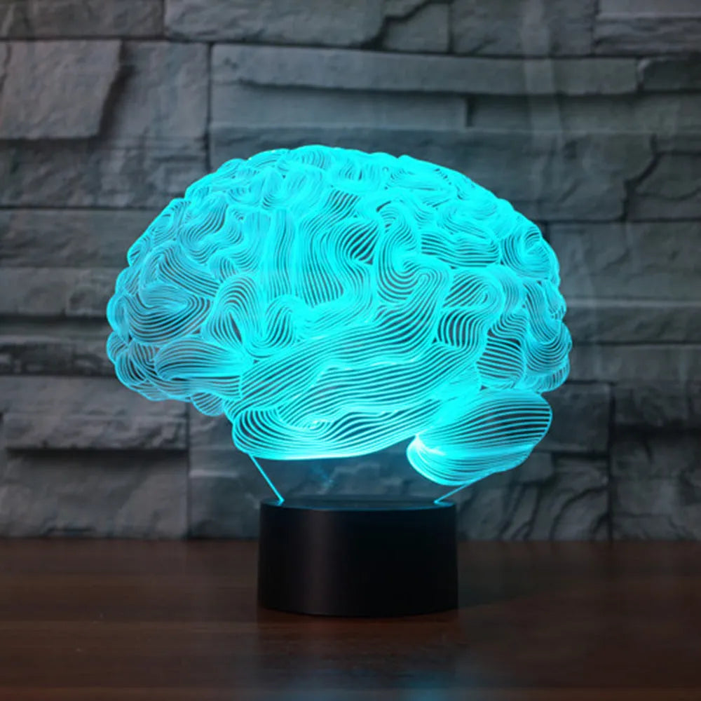 3D brain illusion LED desk lamp with acrylic construction and remote control showing colour changing display