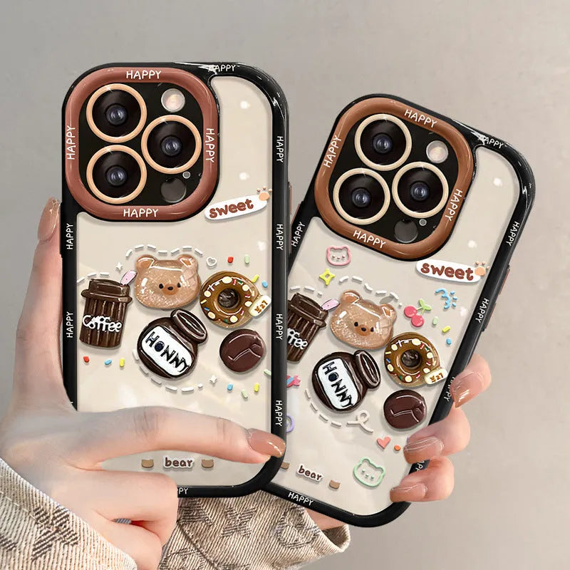 Silicone phone case with 3D coffee bear doll pendant and lanyard for Apple iPhone, cream black