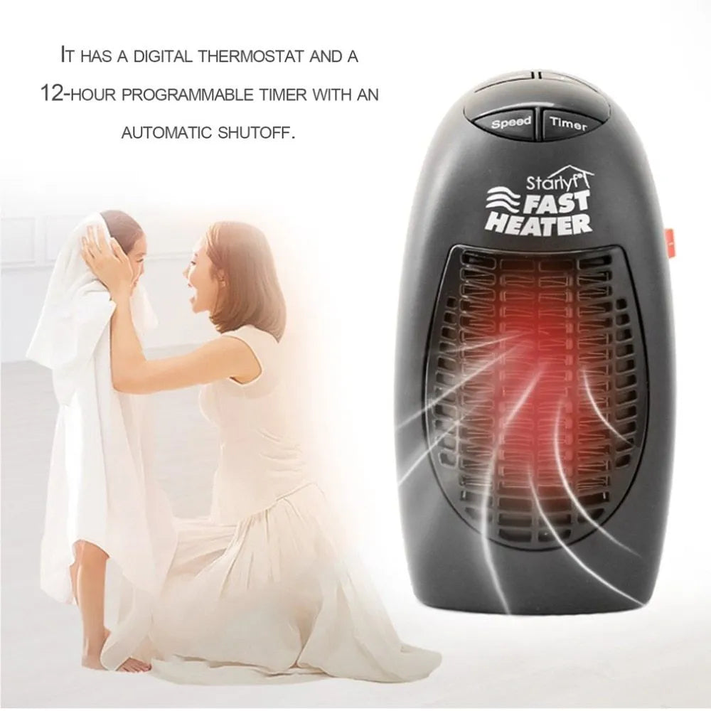 Black compact ceramic electric heater with digital display and rotating plug on a flat surface.