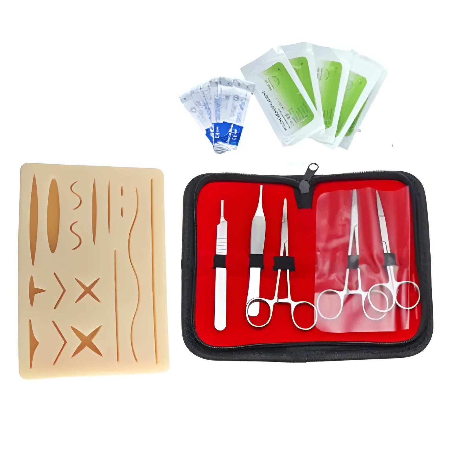 Medical student training kit with black silicone suture pad, tools, and multi-wound block on a table