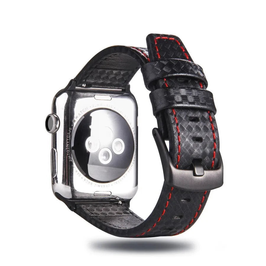 Carbon fibre pattern leather iPhone watch strap and matching hard shell case in four colour options