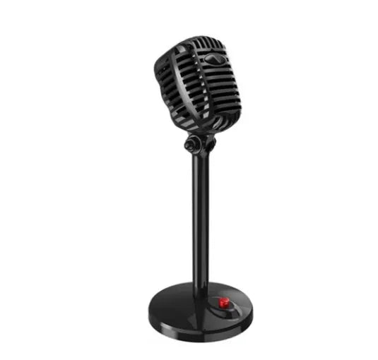 Black USB computer microphone with adjustable stand on weighted base for podcasting and voice recording