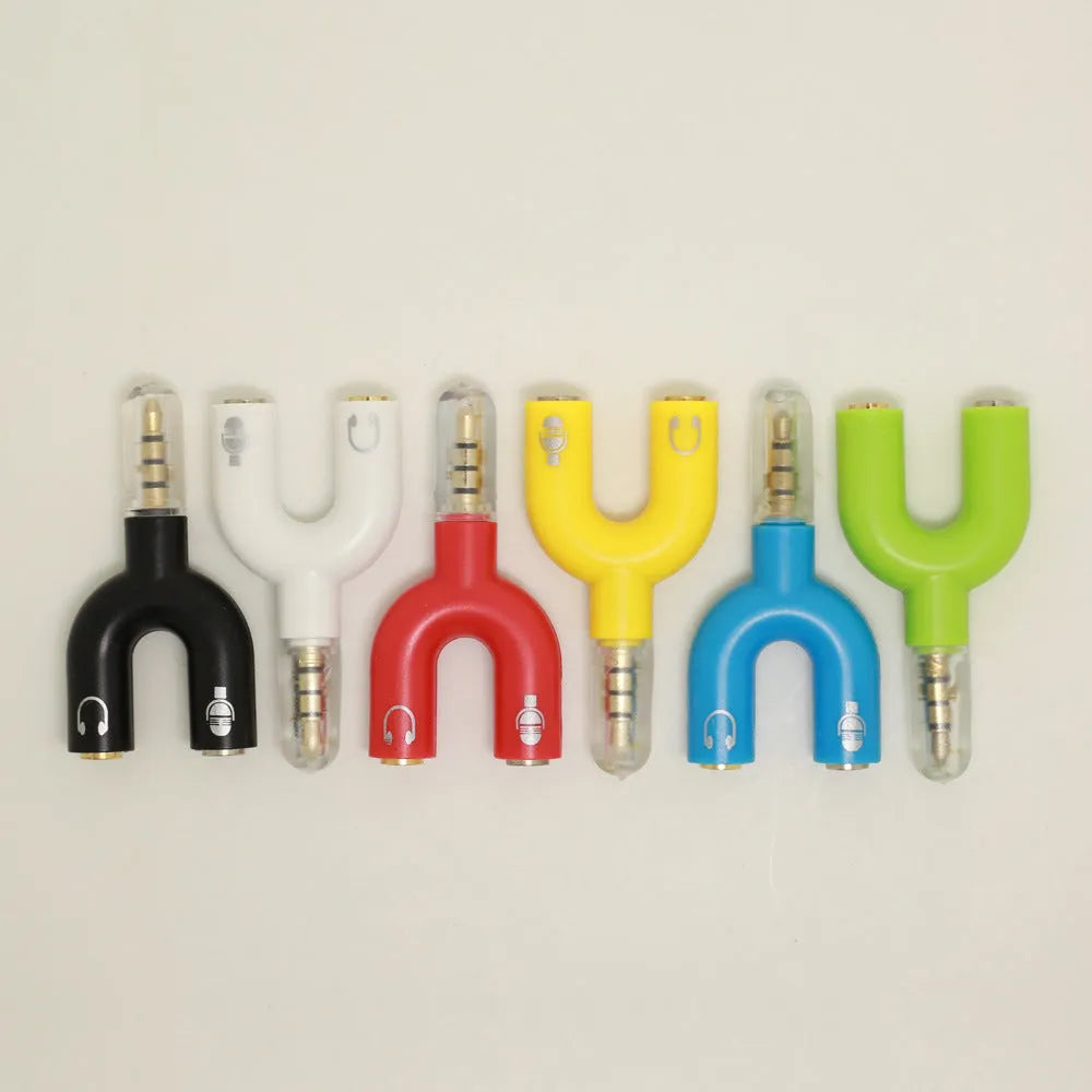 3.5mm audio splitter adapter in six colours with gold-plated connections for mobile devices
