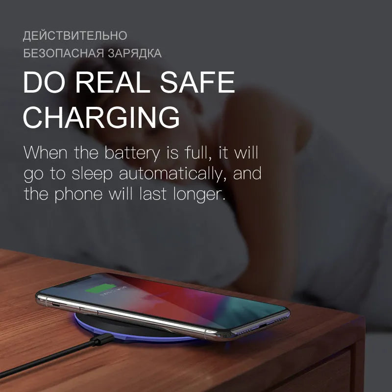 Black 10W 5W fast wireless phone charger on desk with slim 8mm profile