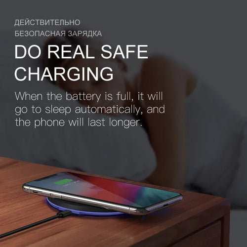Black 10W 5W fast wireless phone charger on desk with slim 8mm profile